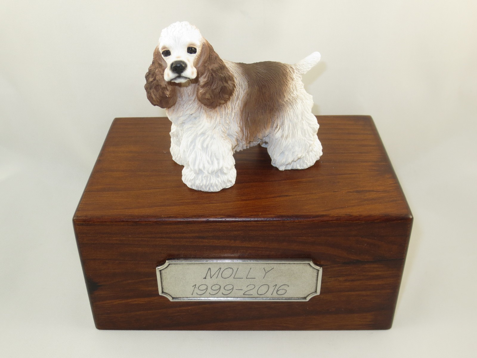 Beautiful Paulownia Wood Personalized Urn w/Brown-White Cocker Spaniel Figurine