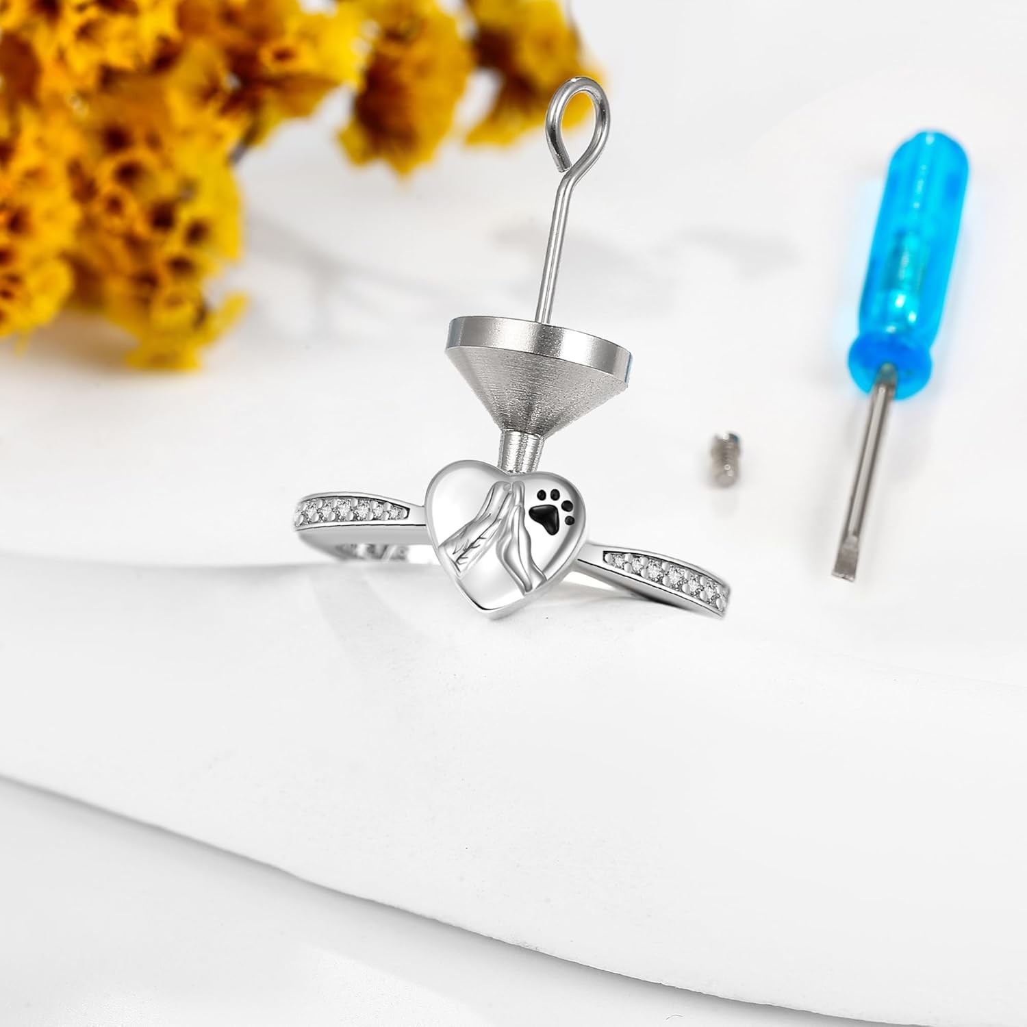 Pet Paw Print Urn Ring for Ashes 925 Sterling Silver Cremation Memorial Gifts S8