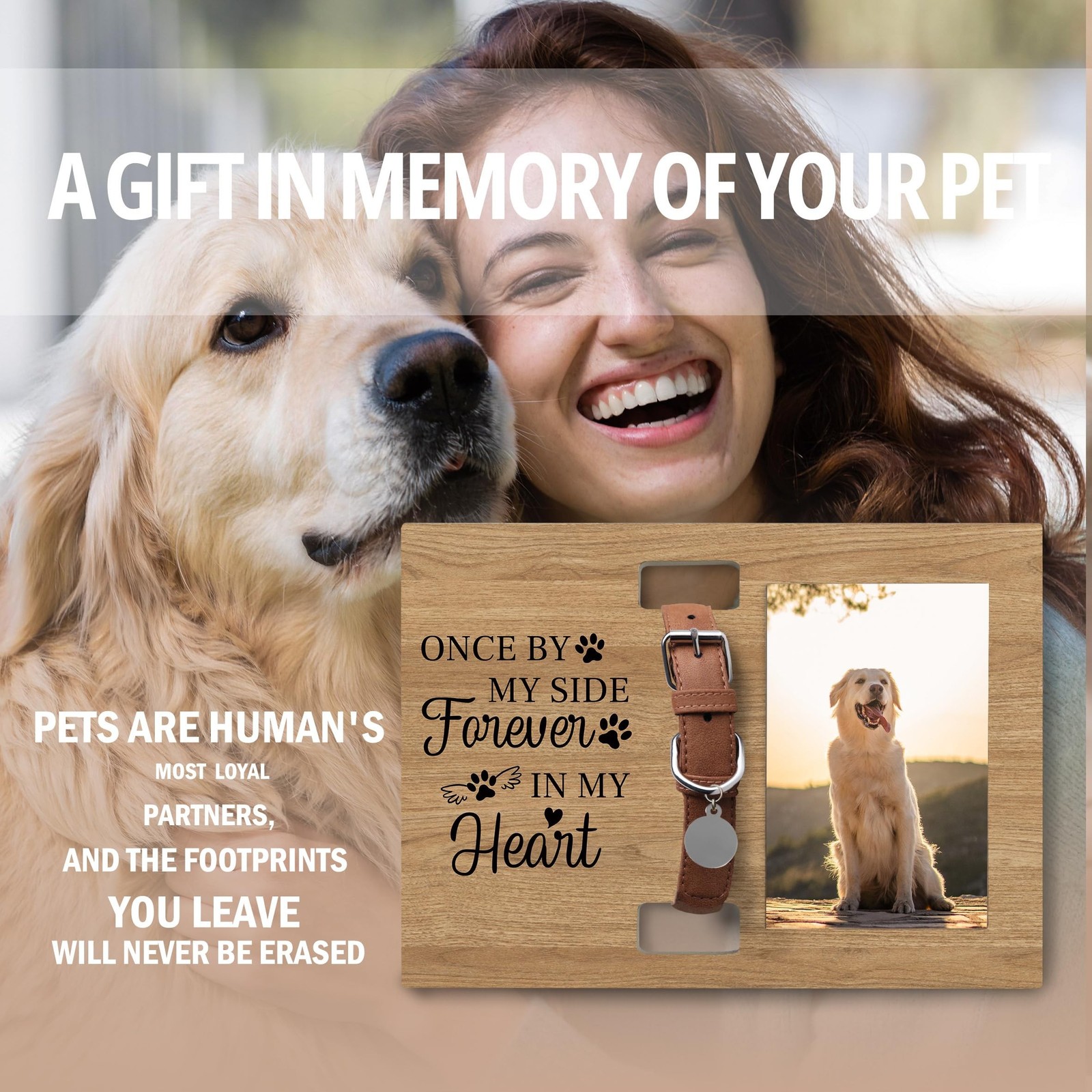 Dog Cat Pet Memorial Picture Frame with Collar Holder, 7×10 Inch, Wooden, Cla…