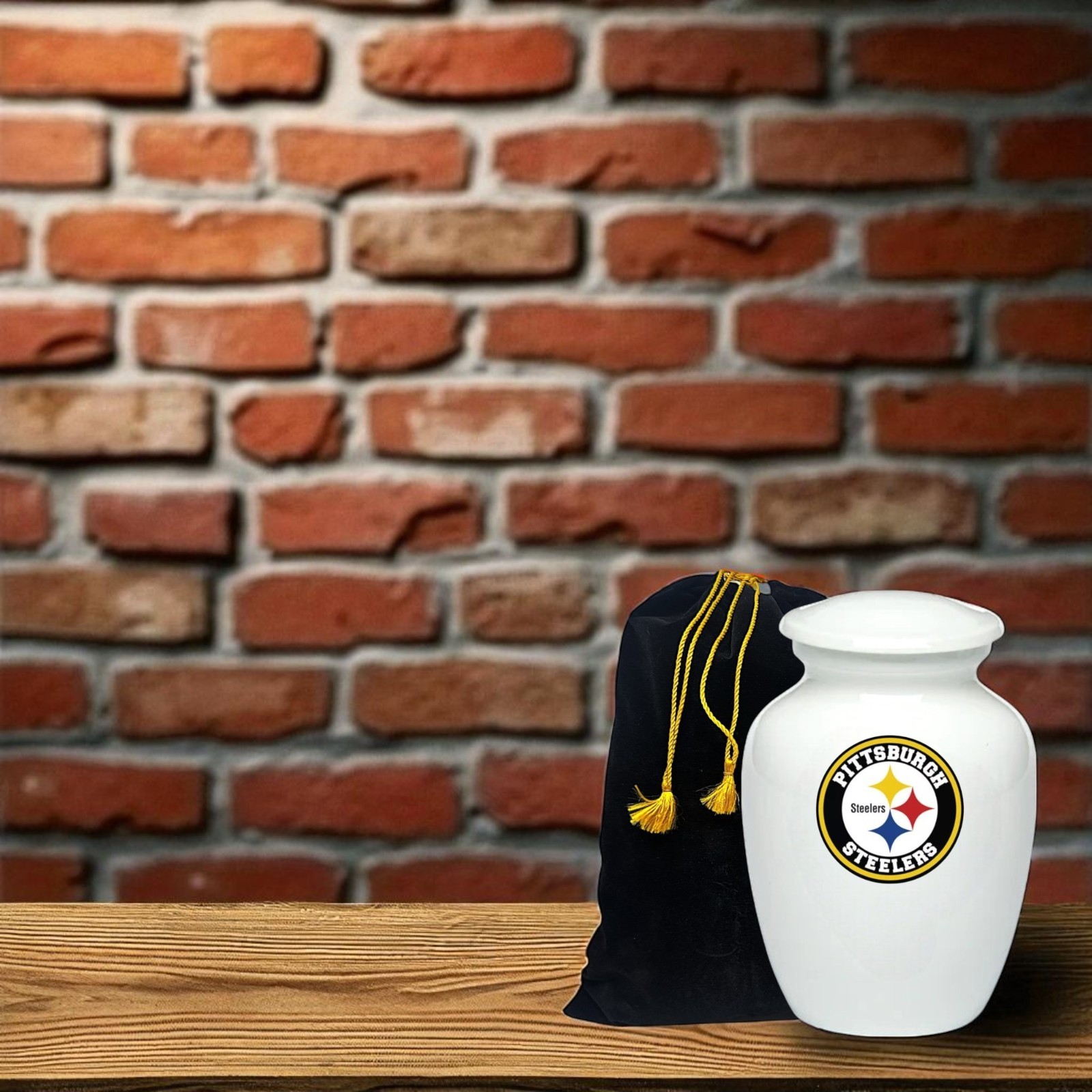 White Cremation Memorial Ashes Urn Pittsburgh Steelers Football Theme with Bag