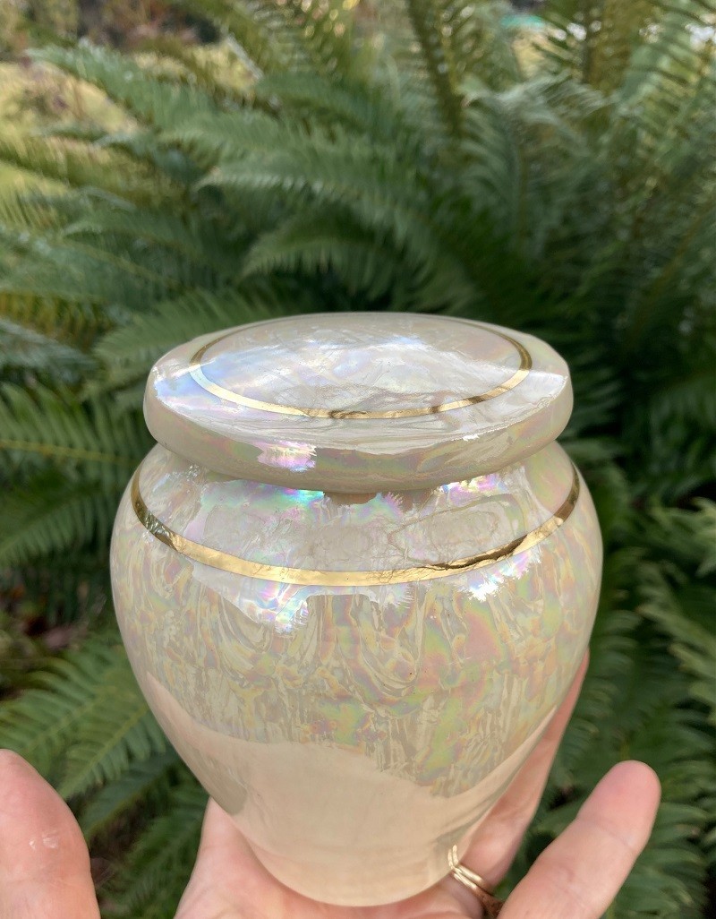 Handmade Ceramic Cremation Urn in Yellow w/MOP, small size for pet ashes 50 ci