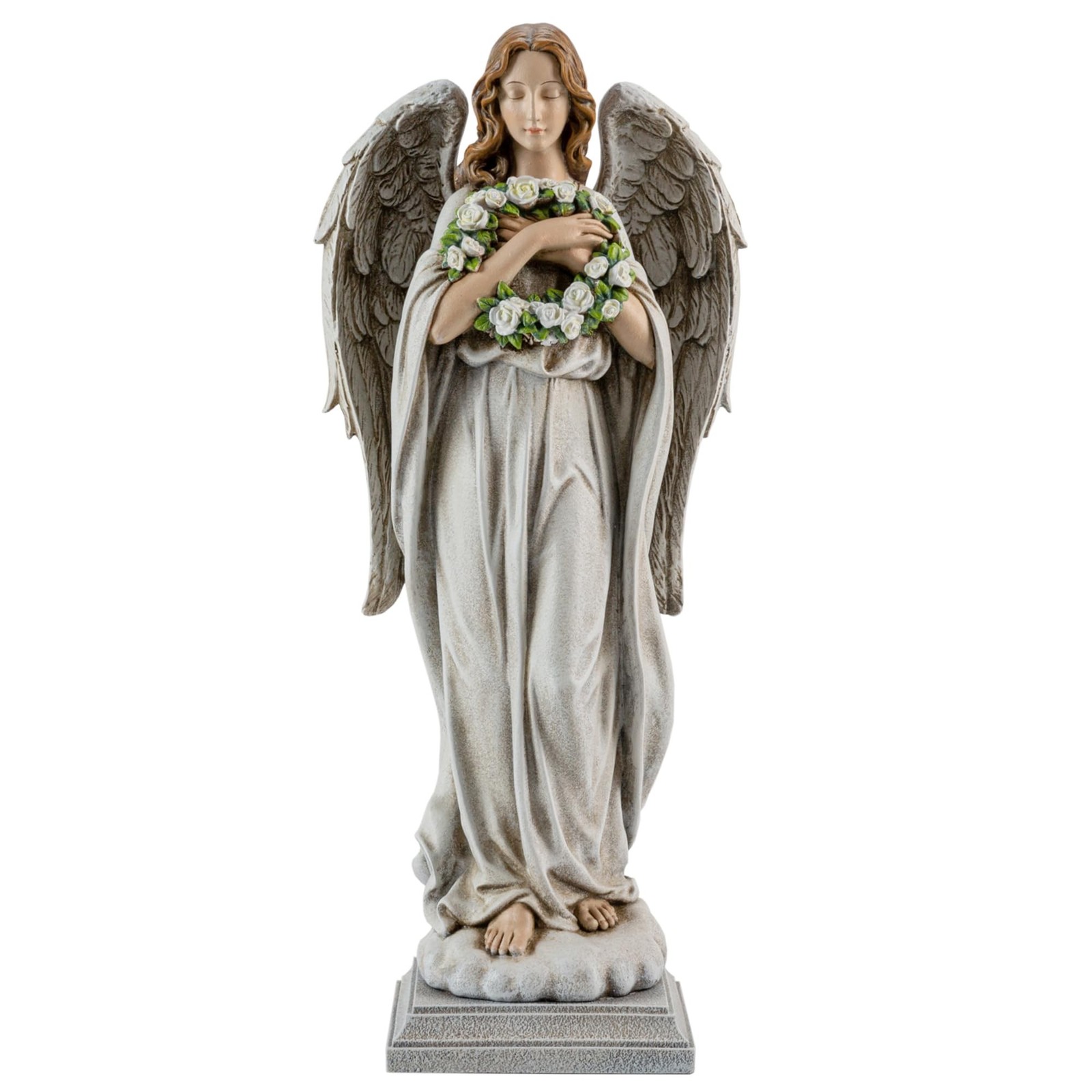Garden Angel with Flower Wreath Statue – 16″ Outdoor Memorial Angel Decor
