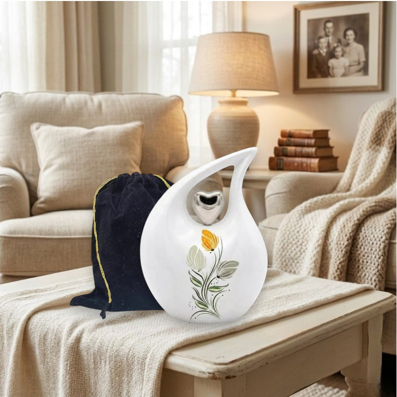 Tulip Floral Teardrop Aluminum Cremation Urn Adult Human Ashes Earns Love Ones
