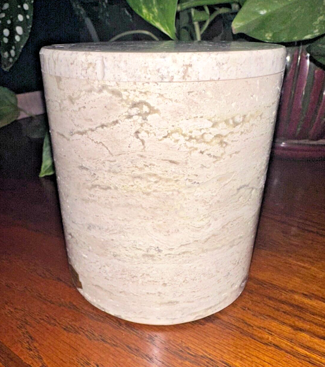 Natural light travertine marble pet urn memorial dog cremains handmade round