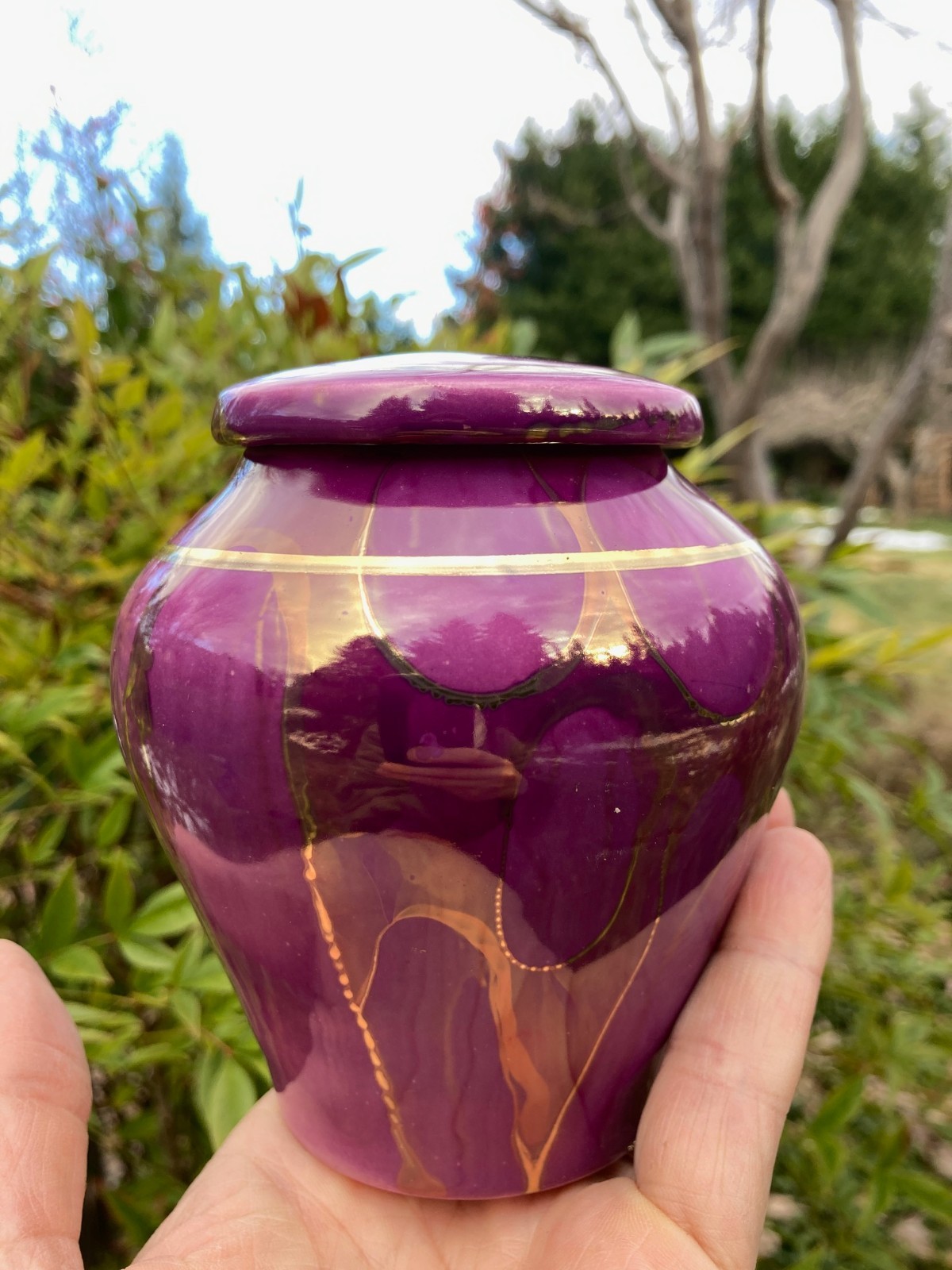 Handmade Ceramic Cremation Urn in Yellow w/MOP, small size for pet ashes 50 ci