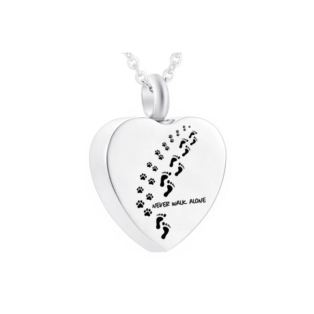 Cremation Urn Necklace Paw Print Footprint “Never Walk Alone” Pet Dog Keepsake