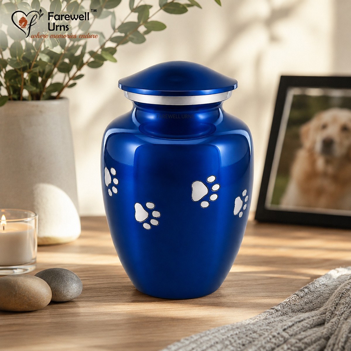 6″ Blue Pet Cremation Urn for Dog Cat Ashes Paw Print Aluminum Memorial