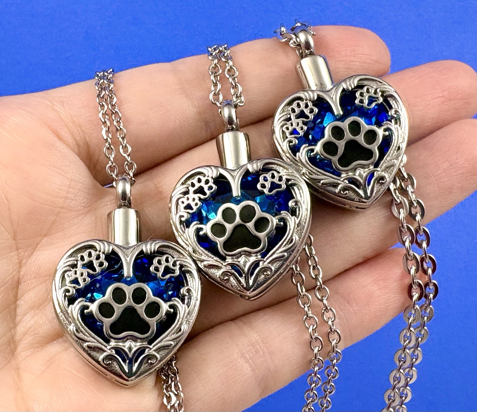 Paw Print Cremation Pendant Urn Keychain 1″ KeyRing Ash Dog Cat Pet Cobalt Blue