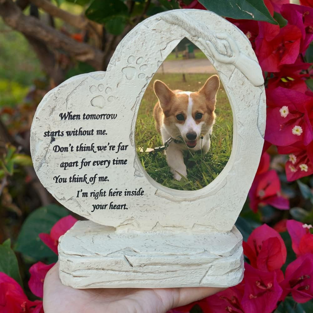 Heart Shaped Pet Dog Memorial Stones with Photo Frame, Pet Dog Headstones Grave