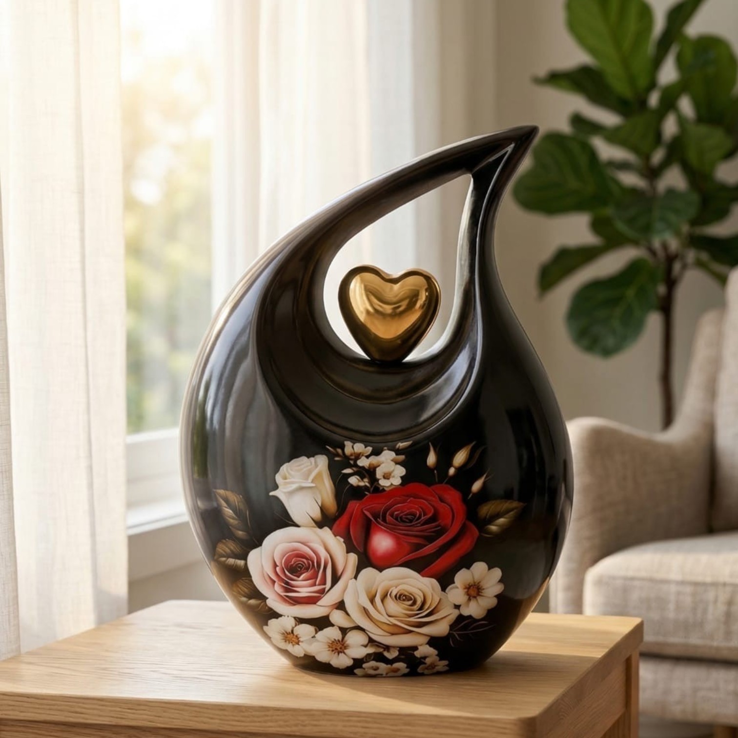 Black Teardrop with Golden Heart & Flower Print Urn for Ashes Men Women w/ Bag