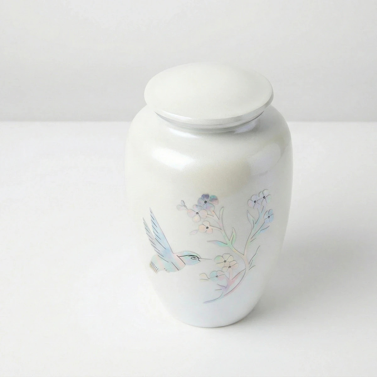 Adult Cremation Urn – White Hummingbird Pearlescent with Silver Trim Aluminium