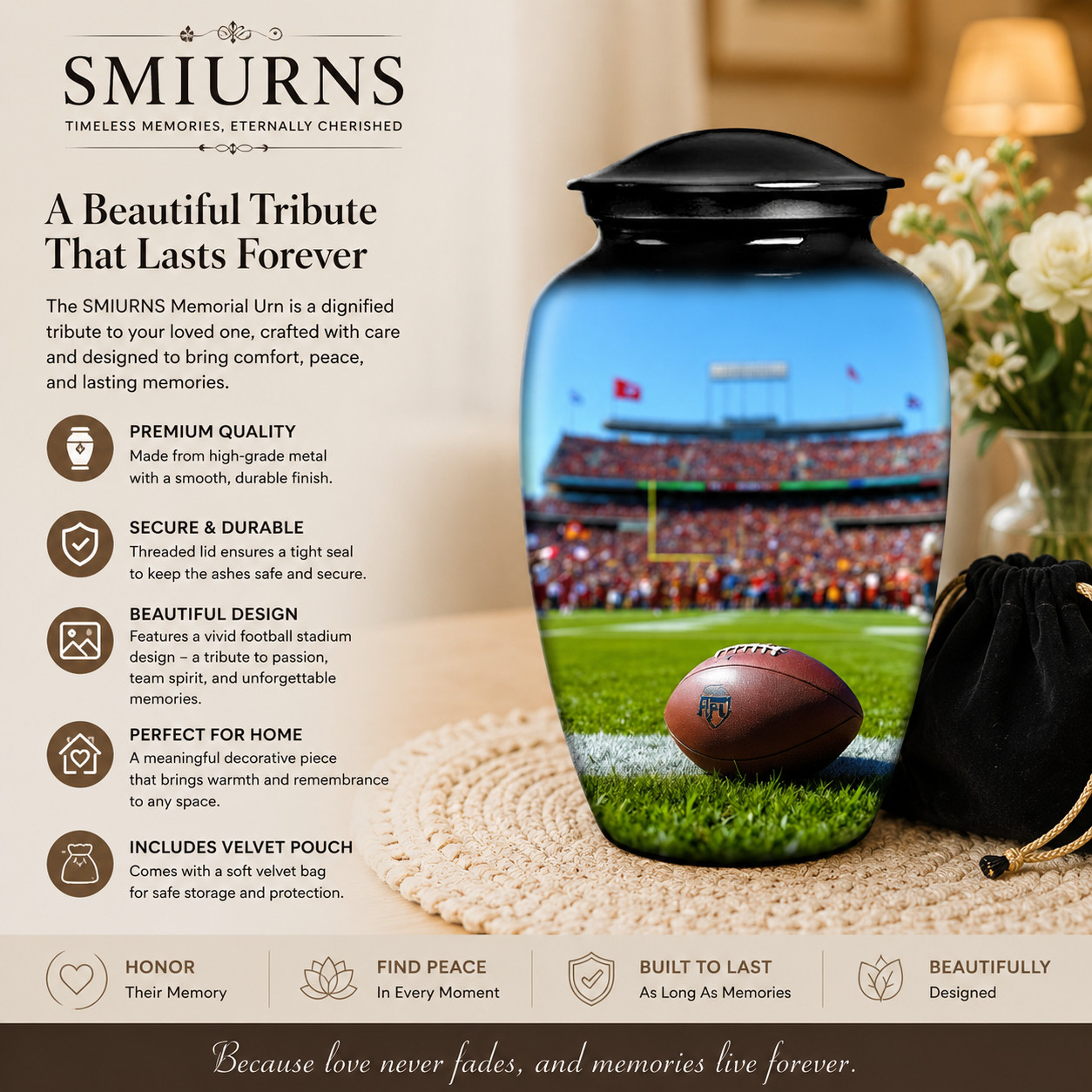 Football Cremation Large Black Urn Human Ashes w/Bag for Your Love Ones Earns