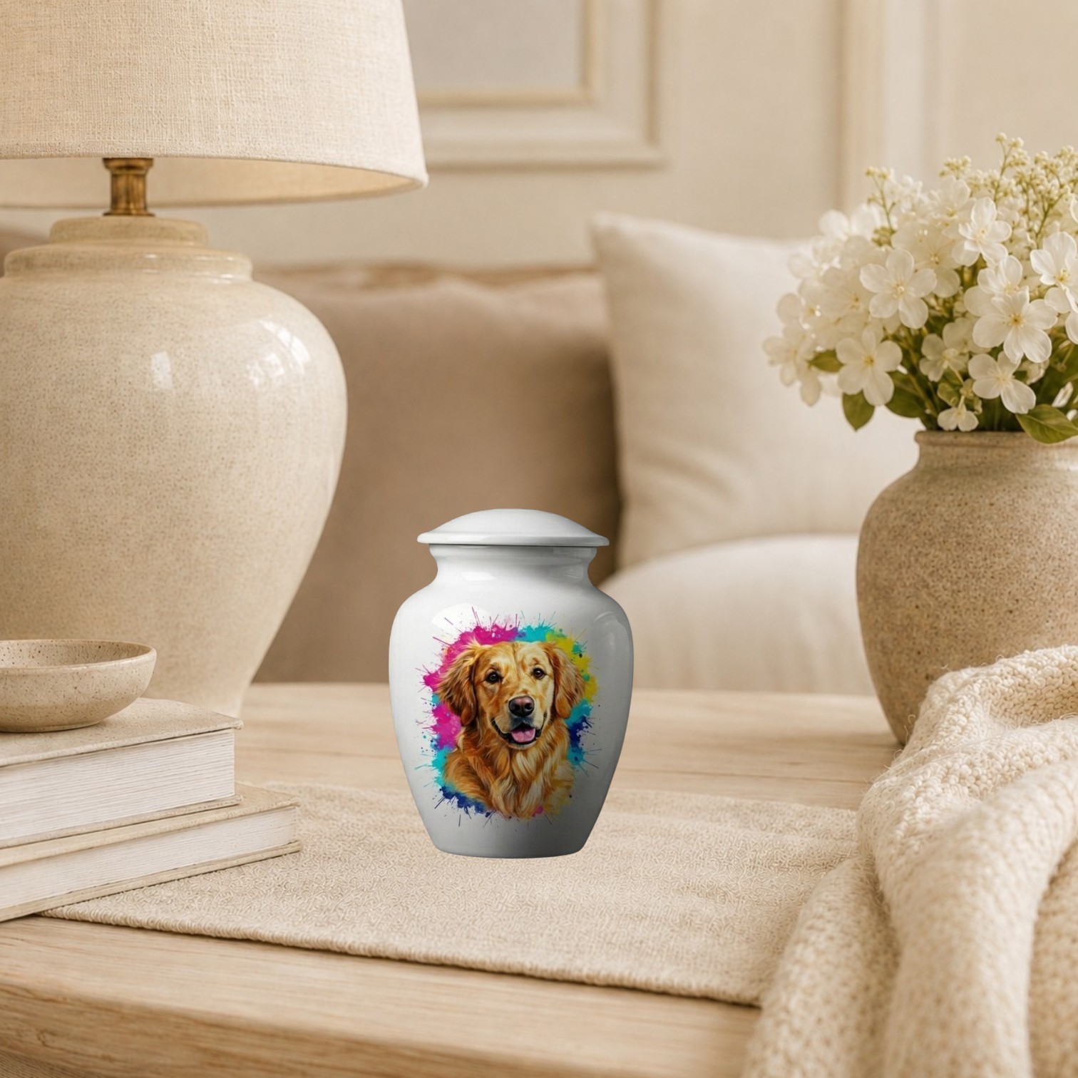 Small White Dog Cremation Urn Pet Ashes Memorial Urns Keepsake Decor (6 Inch)