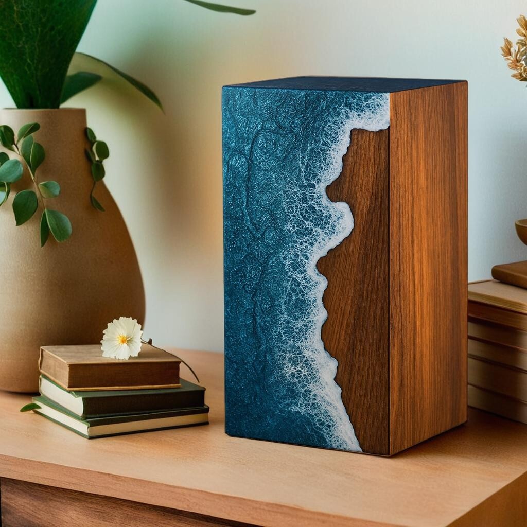 Handcrafted Wooden Ocean Wave Urn for Adult Human Ashes – Memorial Funeral Box