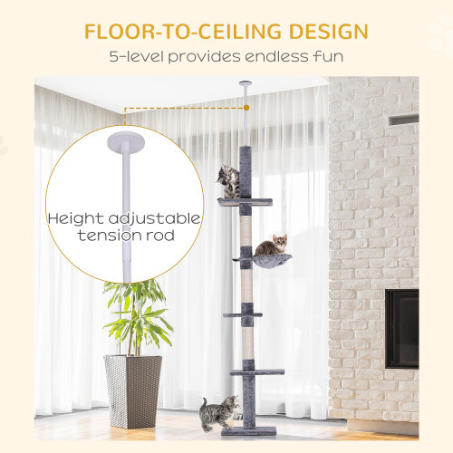 9 Foot Adjustable Height Floor To Ceiling Vertical Cat Tree – Grey And White