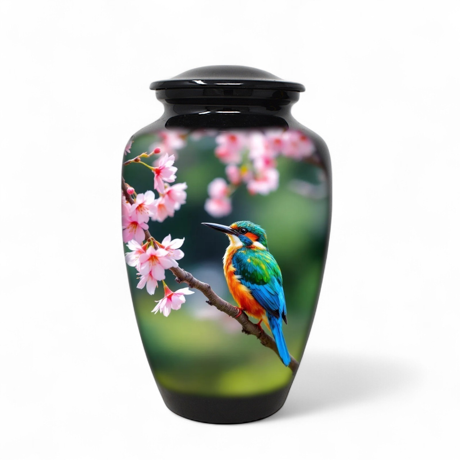 Large Adult Urn for Human Ashes Kingfisher Bird Cherry Blossom Urn with Bag