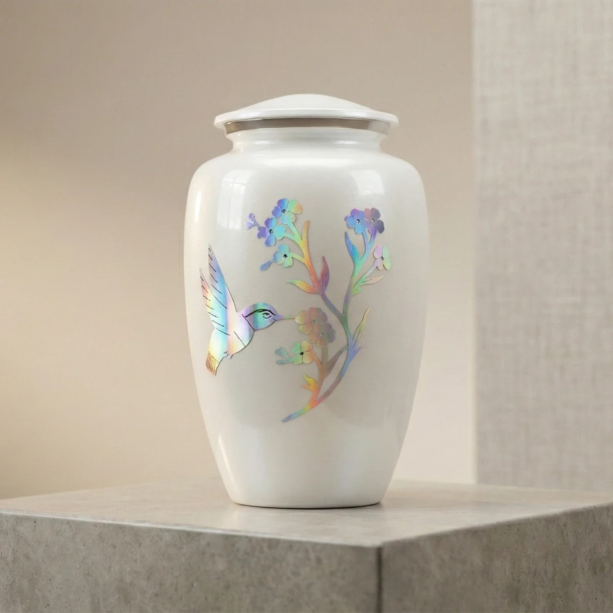 Adult Cremation Urn – White Hummingbird Pearlescent with Silver Trim Aluminium