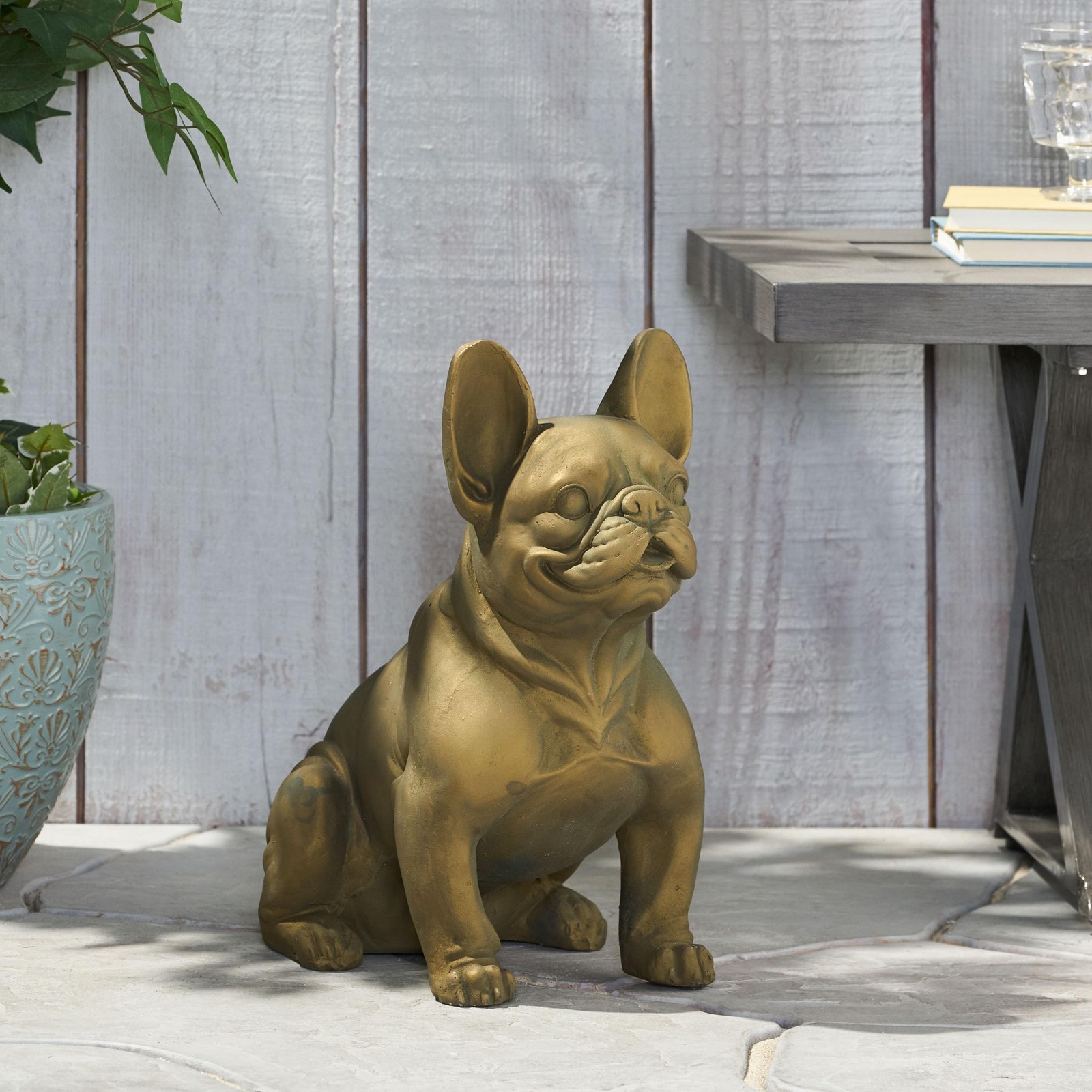 Merax French Bulldog Garden Statue – Outdoor Cast Stone Decor, Rustic Gold Fi…