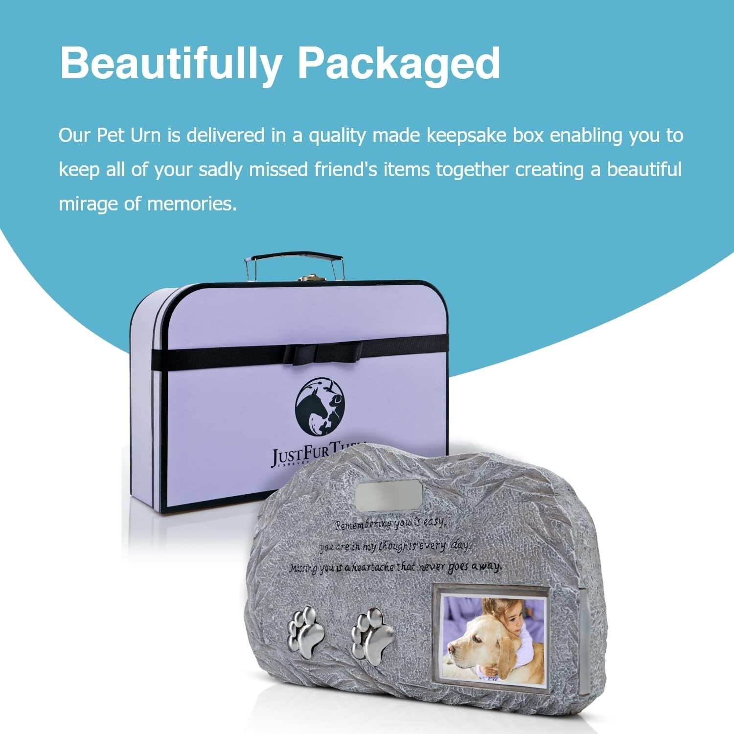 Pet Memorial Urn with Photo Frame Dog Cat Ashes Remembrance Stones Just Fur Them
