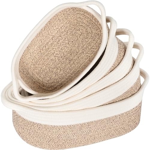 5-Piece Small Decorative Woven Storage Baskets Set for Shelves, Light Brown