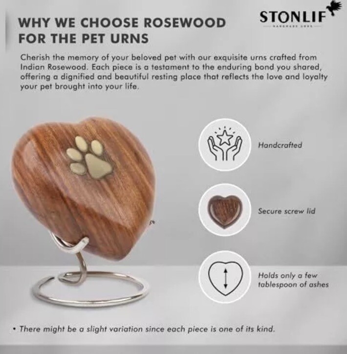 Classic Heart Rose Wood Any Pet Memorial Urn Dog Cat Urns for Ashes Cremation SM