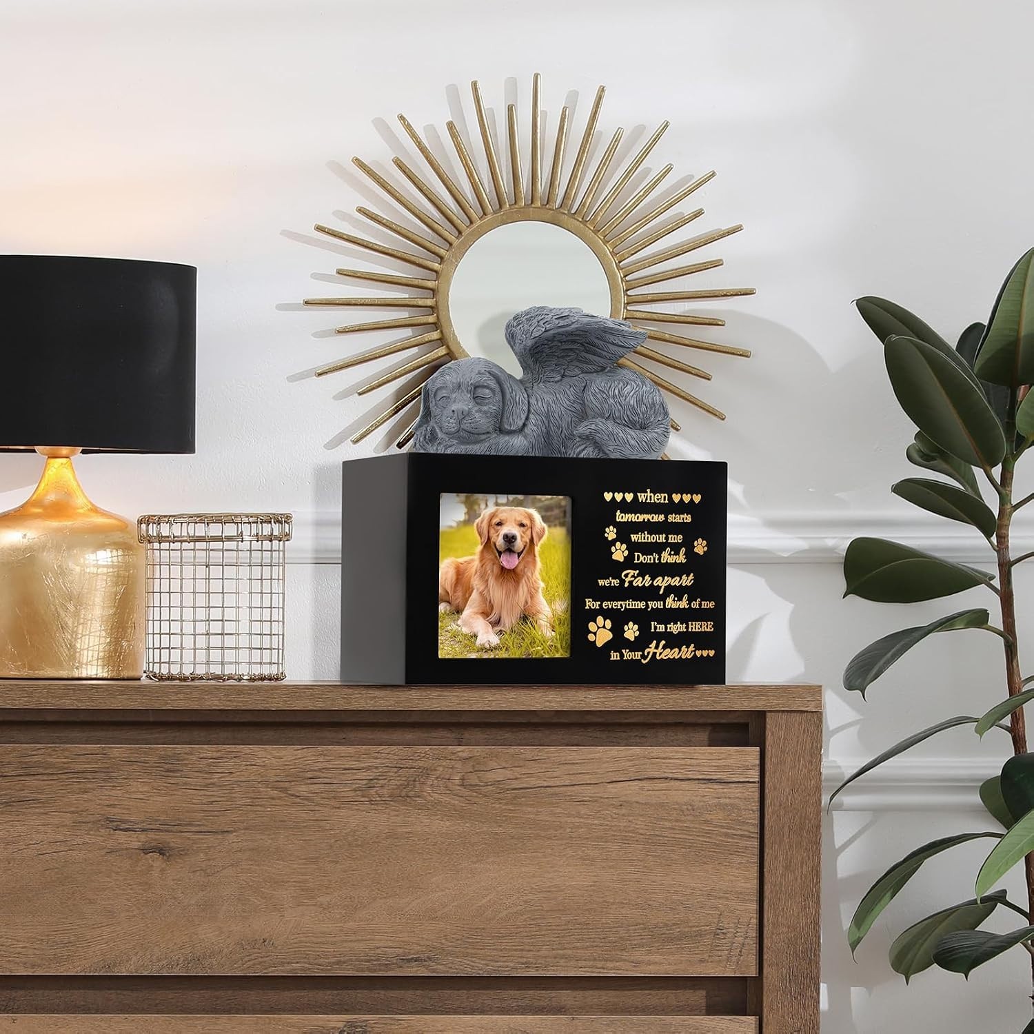 Large Wooden Pet Urn for Dog or Cat Ashes with Dog Angel Memorial Keepsake