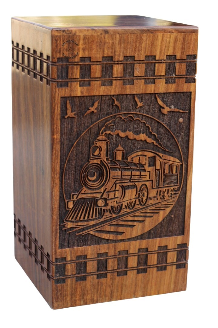 burning Train steam Engraved Train Whistle Wooden Urns Box for Human Ashes Male