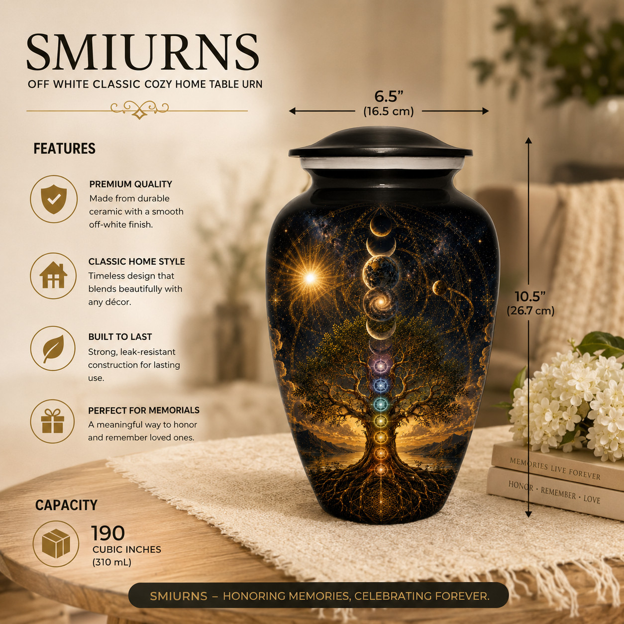 Cremation Urn for Human Ashes Adult Large 190 Cu In Tree of Life Chakra Urns
