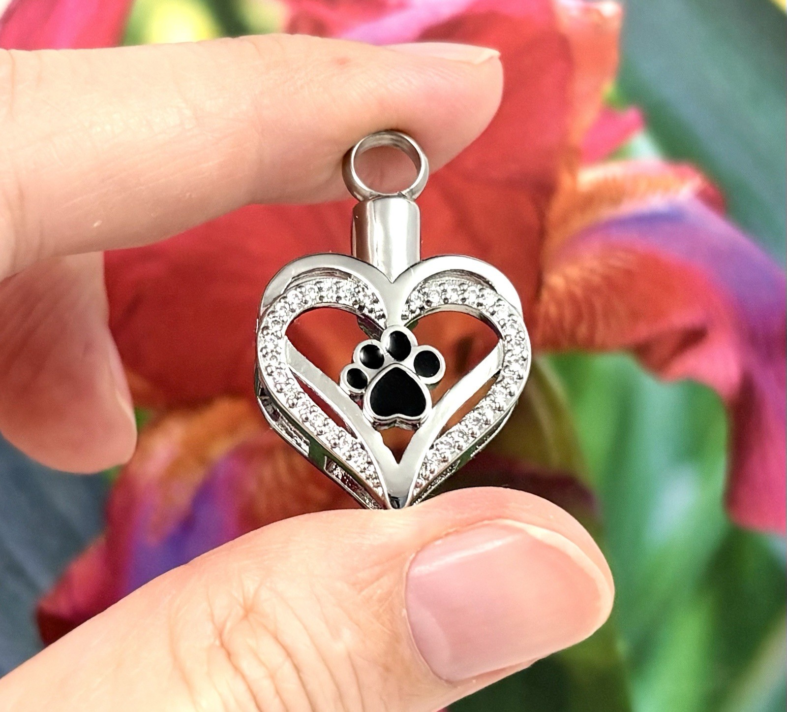 Pet Cremation Pendant Urn Keychain 1″ Key Ring for Ashes Dog Cat Paw Print Cross