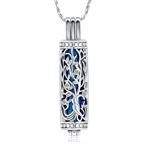 Urn Necklace for Ashes with Hollow Vial Cylinder Cremation Jewelry Silver-blue
