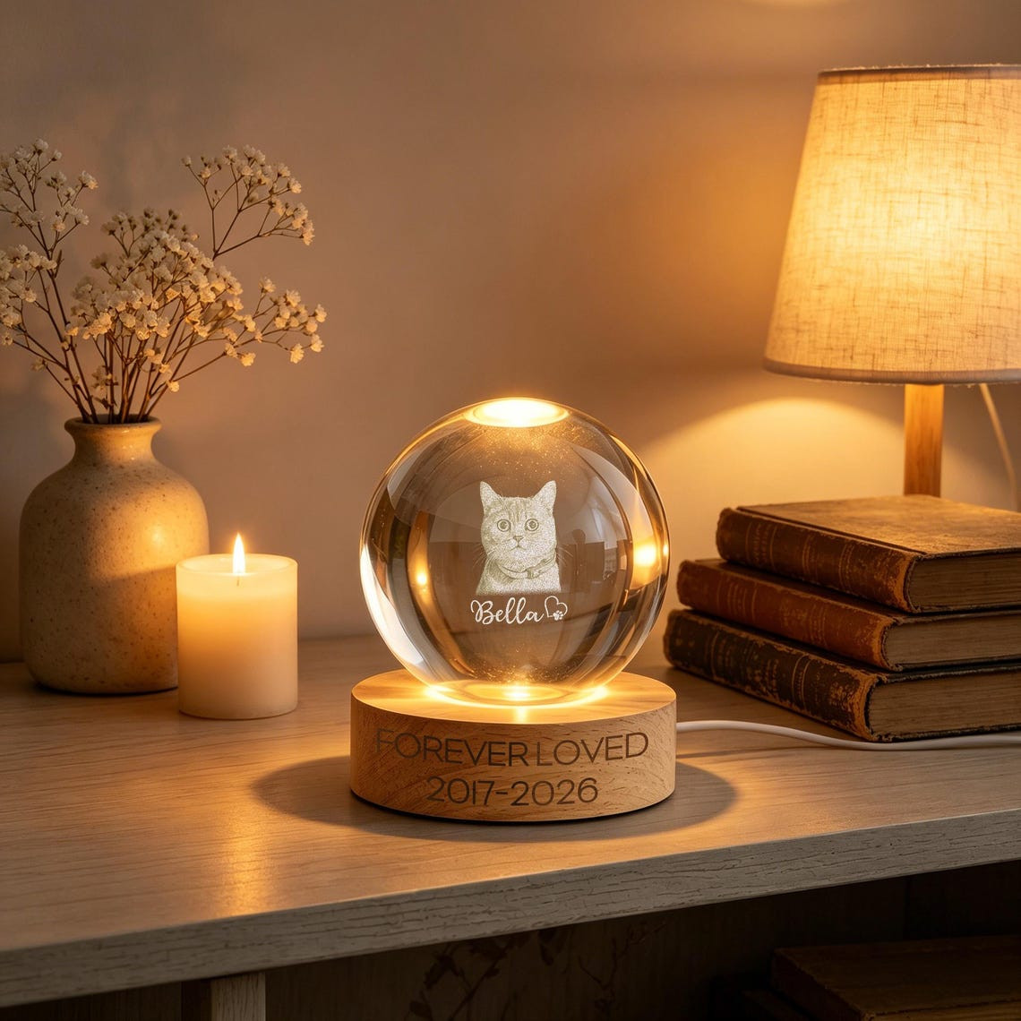 Custom Pet Memorial Crystal Ball Light Dog Photo Engraved Night Lamp Gift