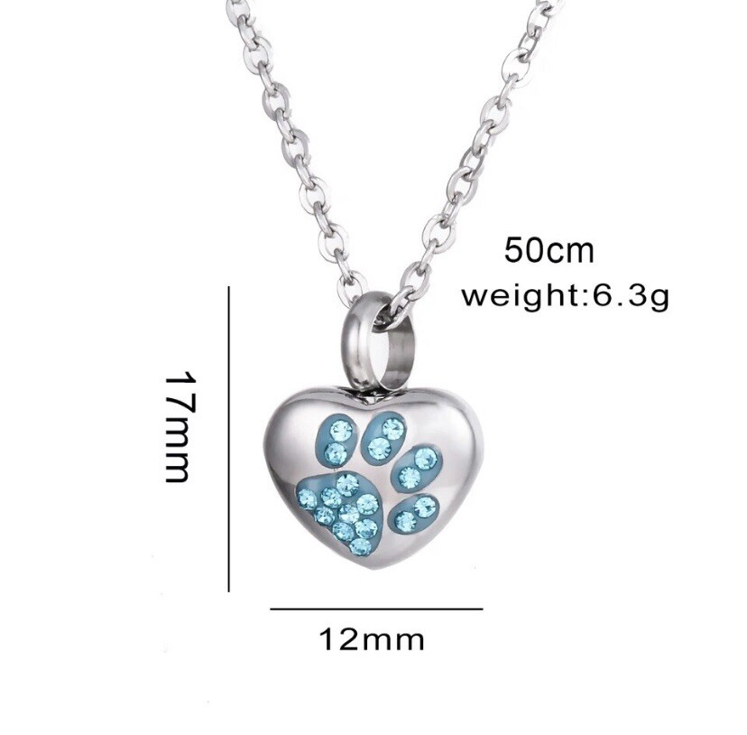 Tiny Pet Cremation Pendant Necklace Girls Ladies Crystal Paw Print Blue Purple