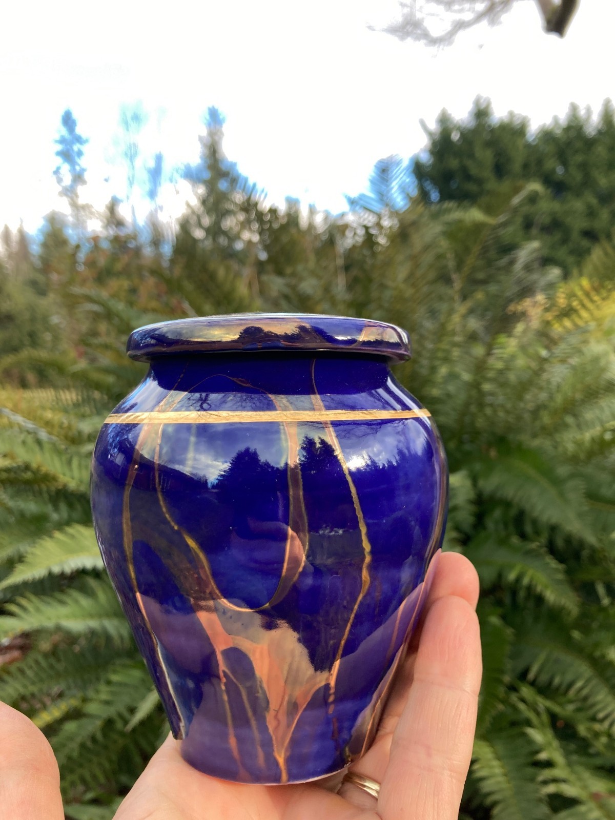 Handmade Ceramic Cremation Urn in Yellow w/MOP, small size for pet ashes 50 ci