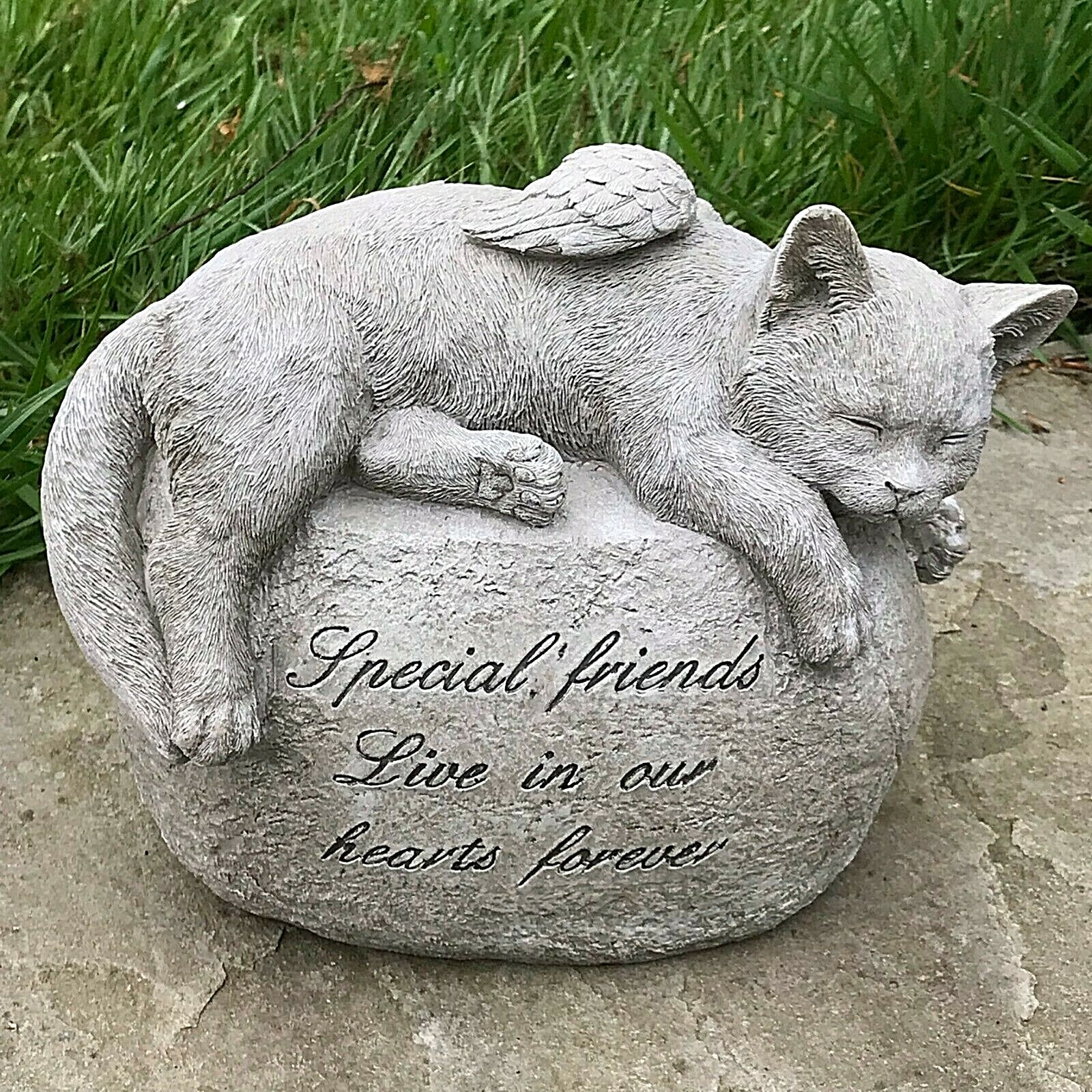 Large Cat with angel wings on stone memorial grave marker ornament pet loss gift