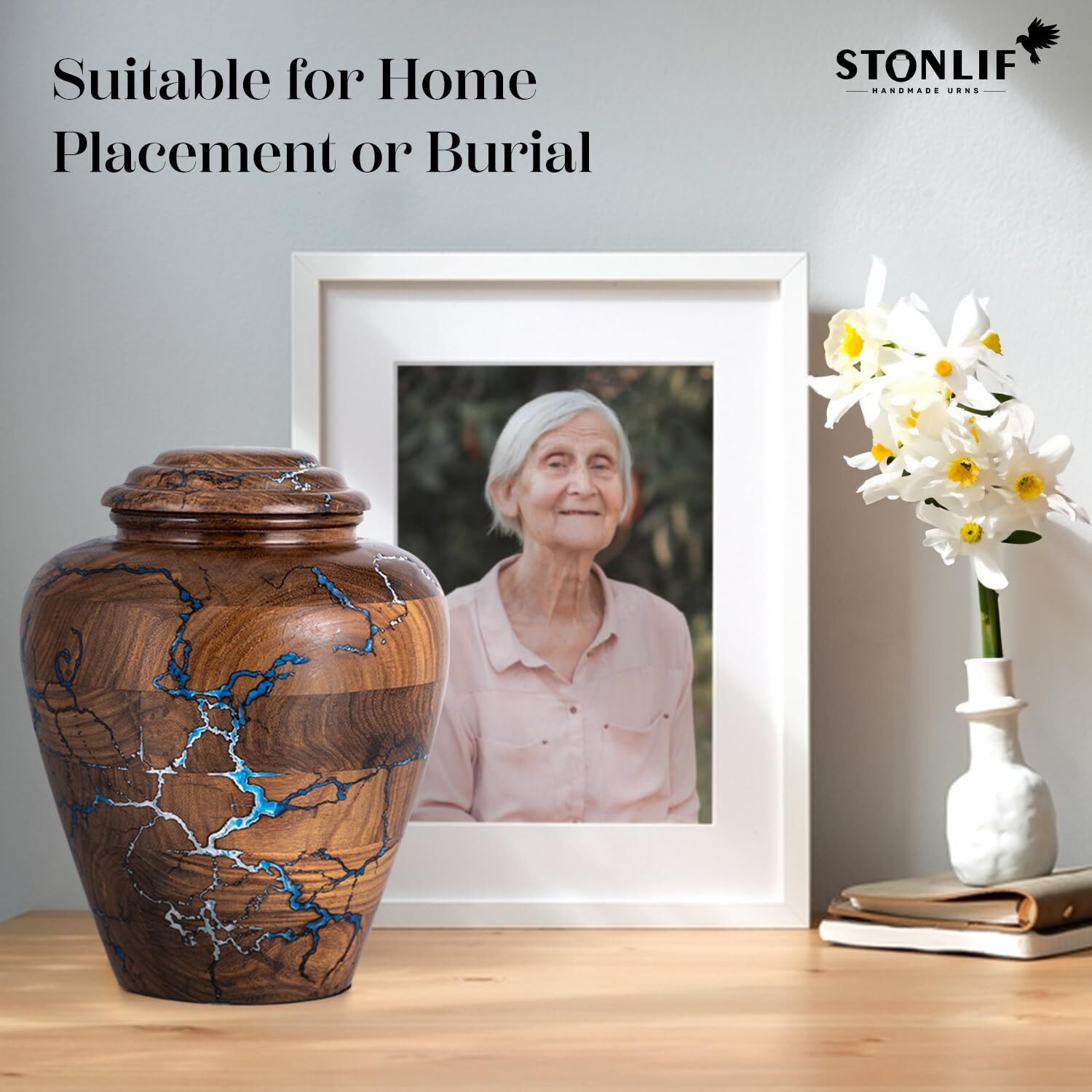 Cremation Urn for Human Ashes Adult Male Female Fractal Burned & Resin Artwork W