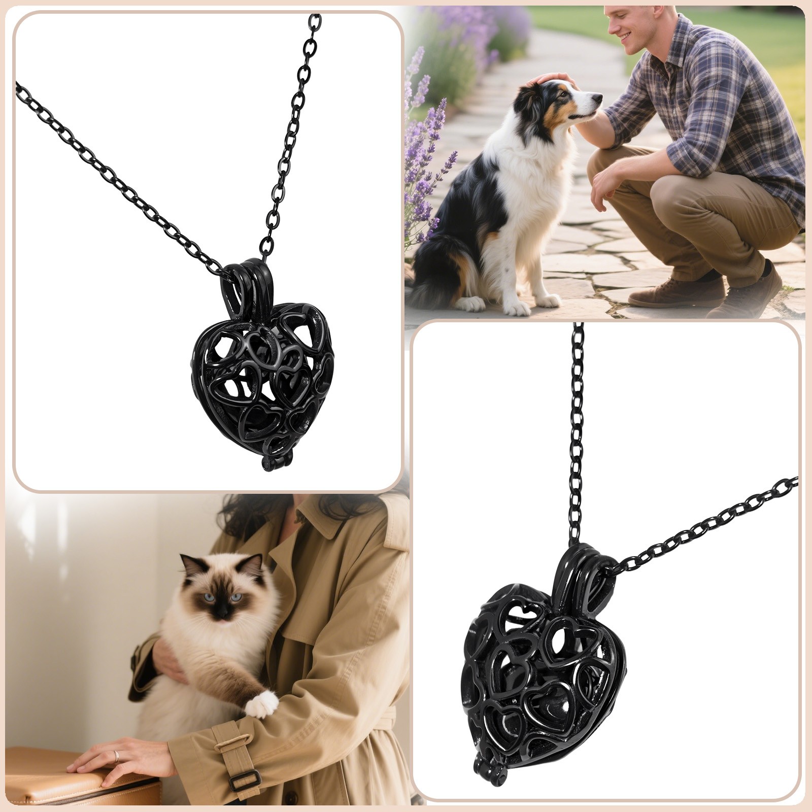 Paw Print Heart Pet Ashes Black Memorial Necklace with Inner Box For Dog&Cat