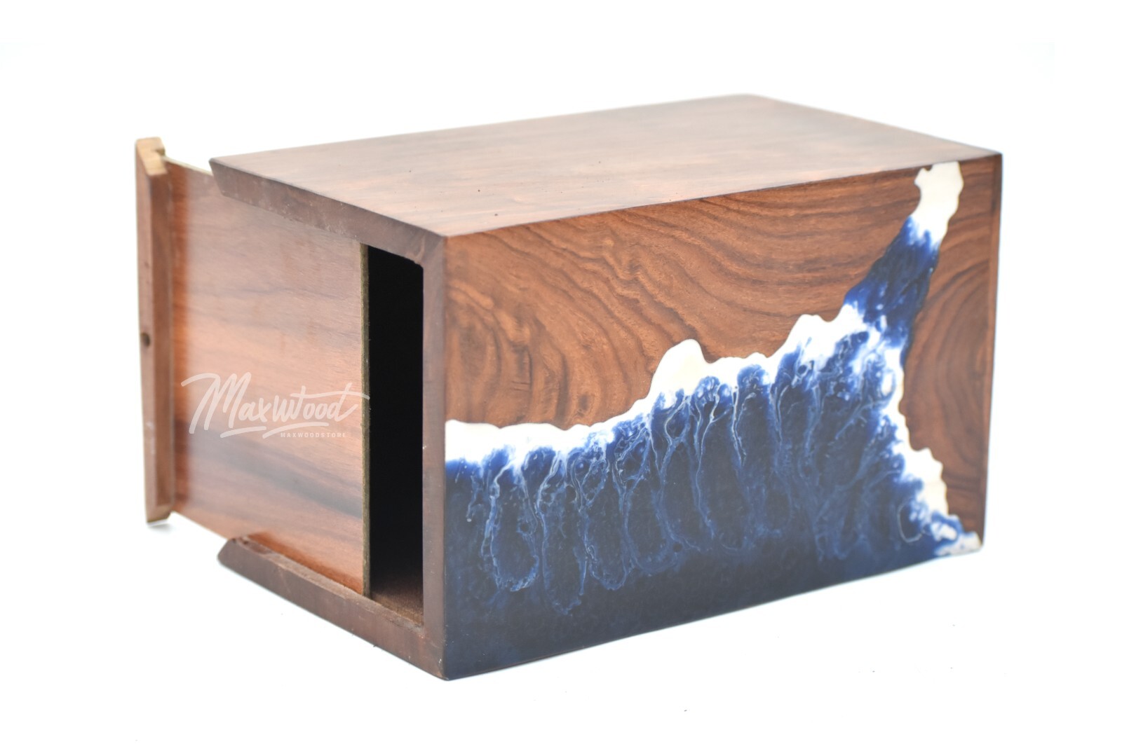 Handcrafted Rosewood and Resin Ocean Wave Design Memorial Urn Box