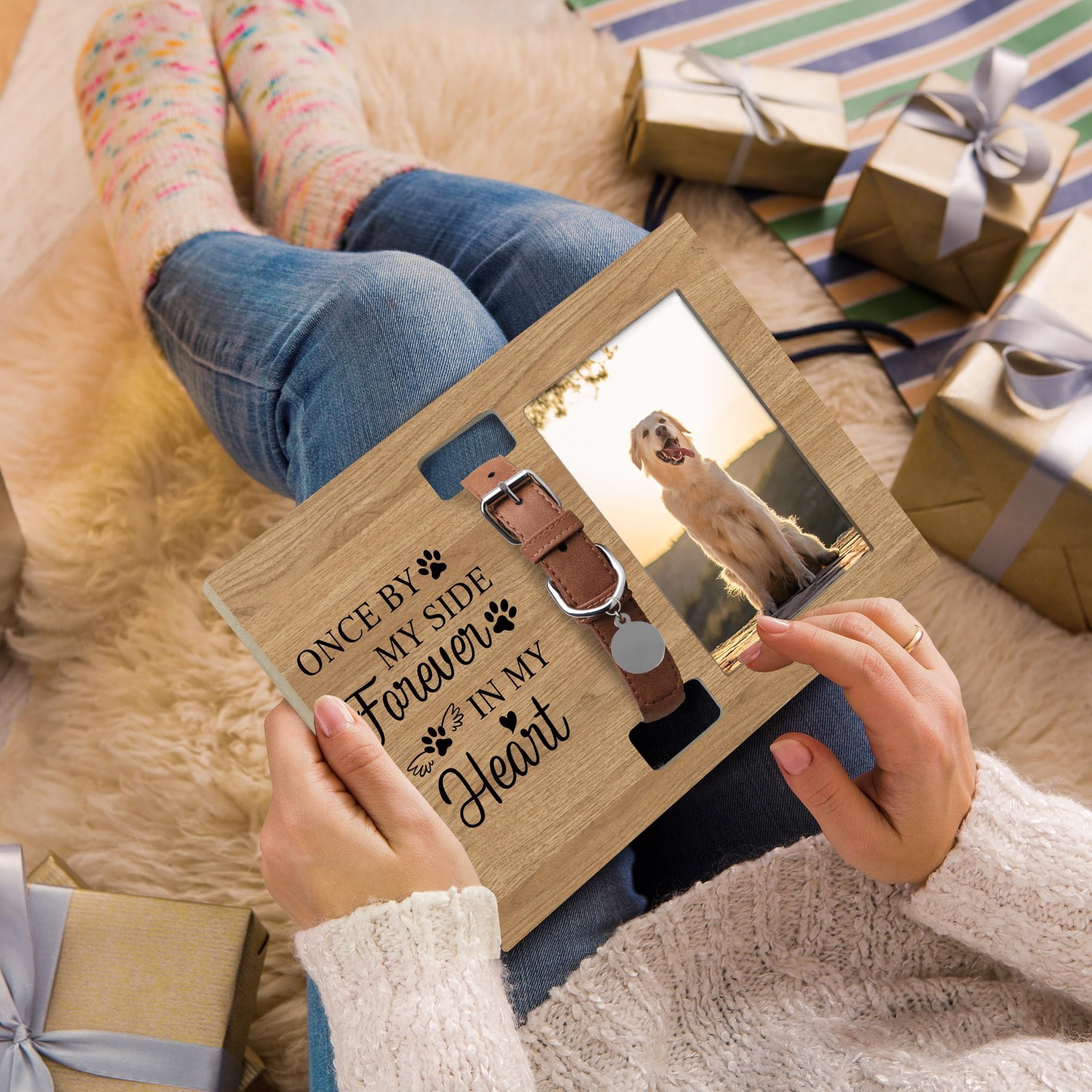 Dog Cat Pet Memorial Picture Frame with Collar Holder, 7×10 Inch, Wooden, Cla…