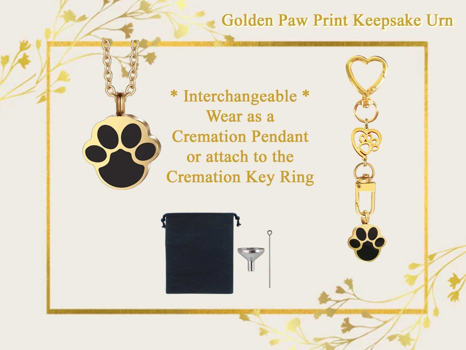 Golden Paw Print Keepsake Urn Interchangeable Necklace or Key Ring, Engravable