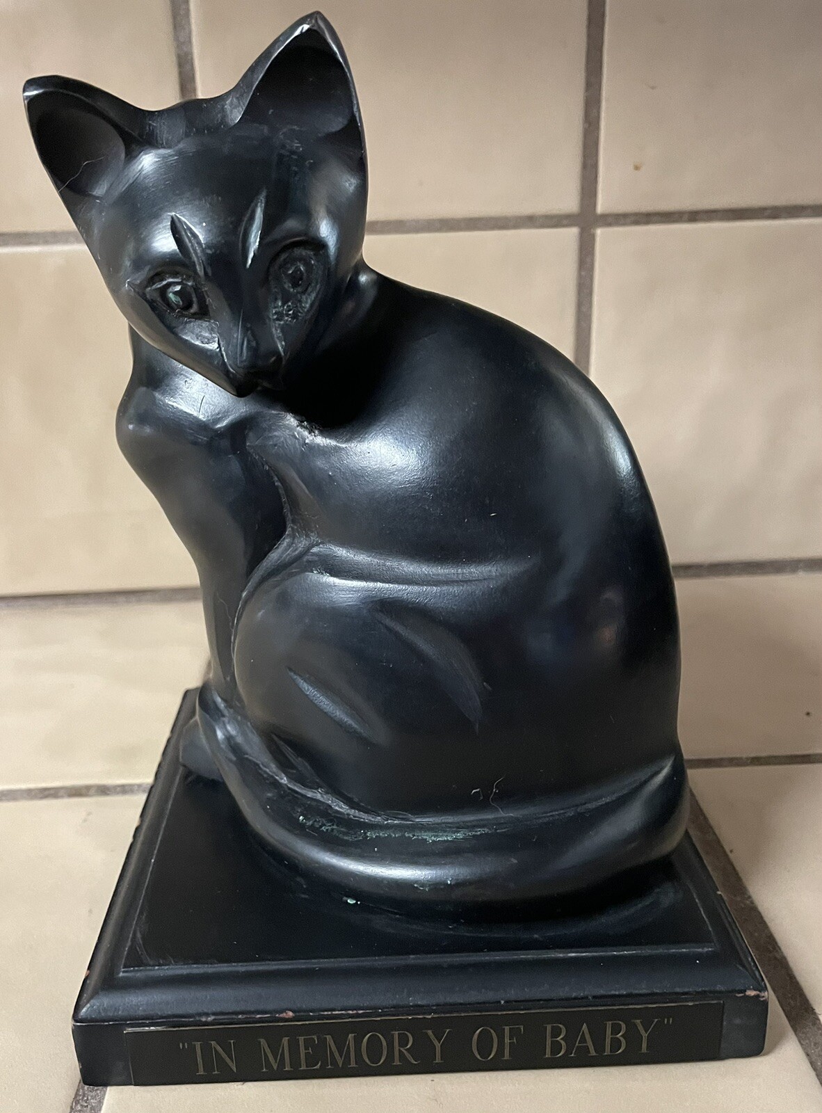 CAST IRON KITTY CAT FIGURINE MEMORIAL IN LOVING MEMORY STATUE W/ STAND