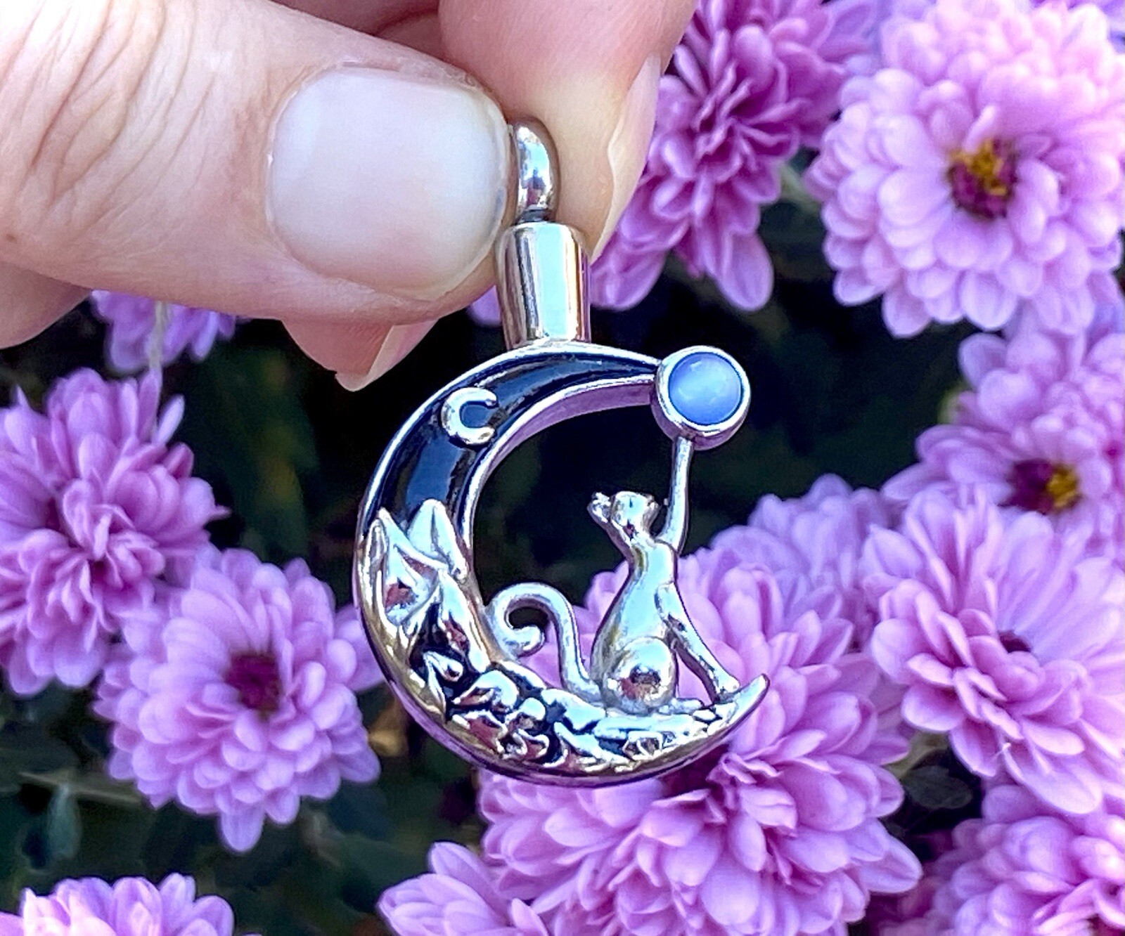 Cat Moon Stone Cremation Necklace Holds Ashes Urn Pendant Jewelry Gift Kitty Lov