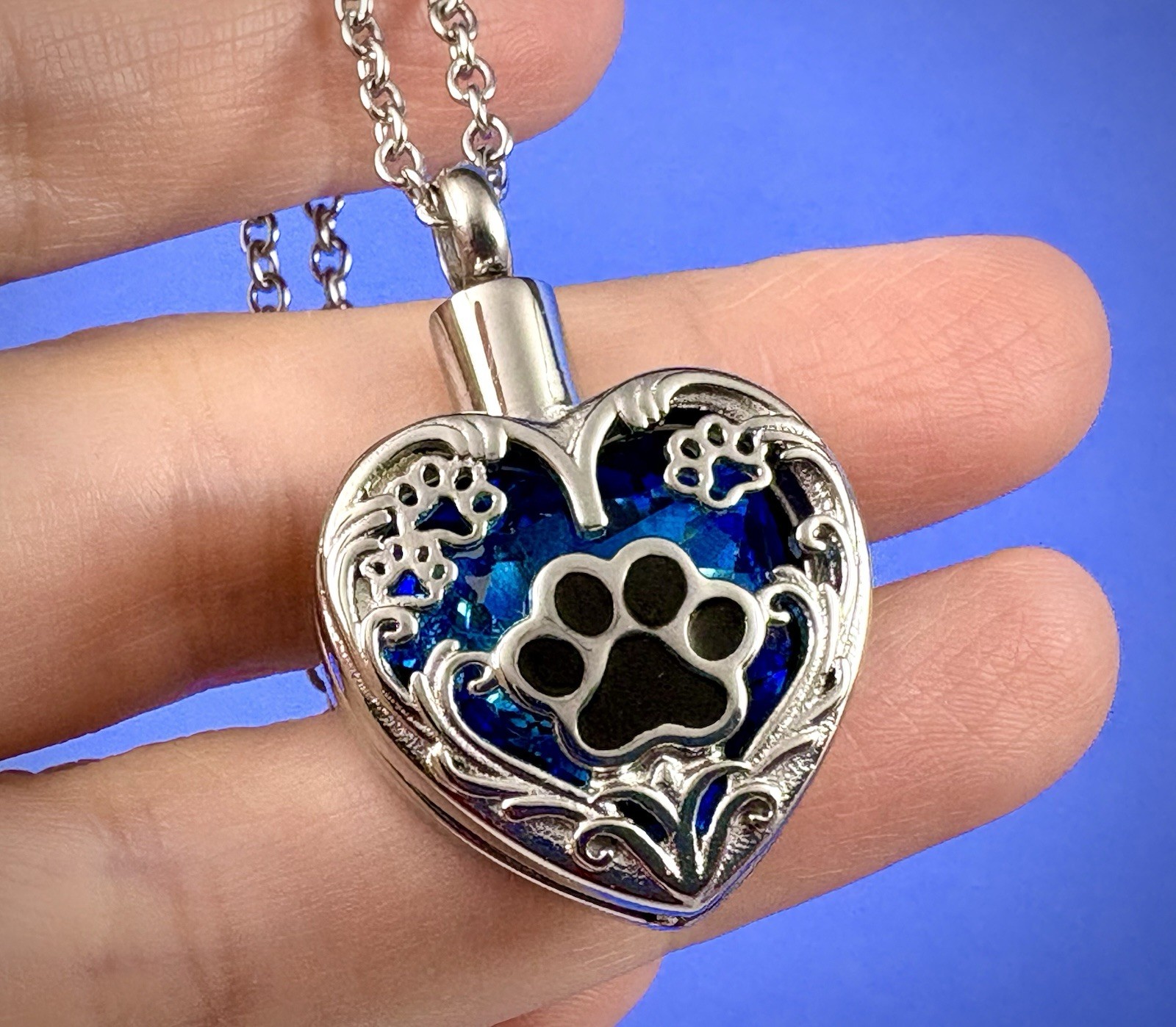 Blue Pet Cremation Necklace Holds Ashes Urn Pendant Jewelry Gift Paw Print Dog C