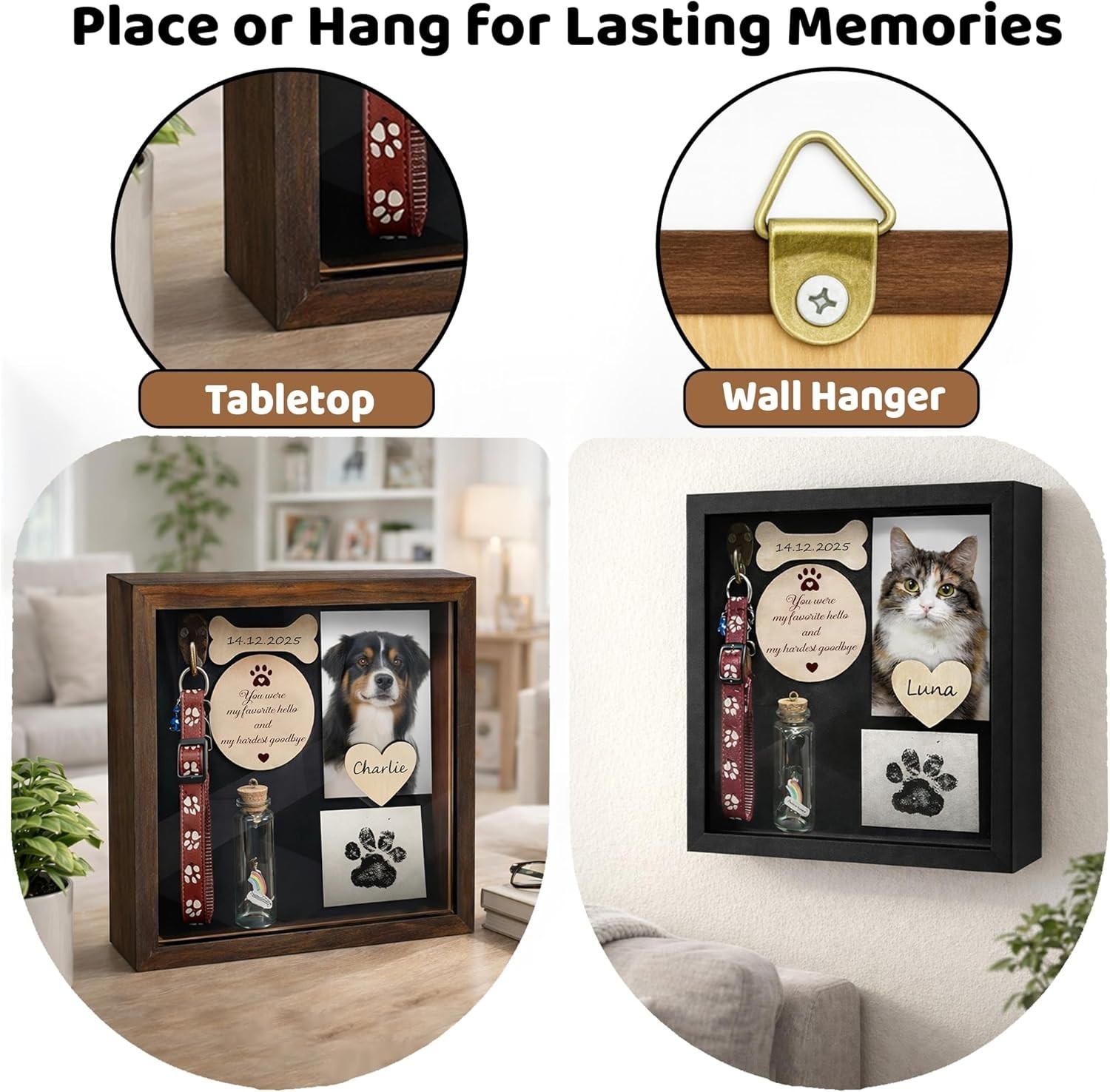 8.6” Rustic Pet Memorial Shadow Box with Collar Holder & Keepsakes