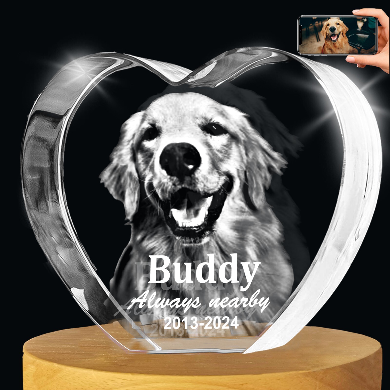 Personalised Pet Memorial 3D PHOTO Crystal Gifts for Mom Dad Heart Dog Keepsake