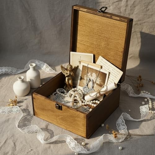 Large Wooden Memory Box for Keepsakes, 10″ x 10″ x 5″ Wooden Keepsake Memories