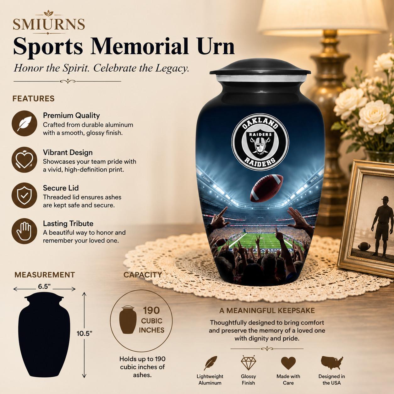 Football Cremation Urn for Human Ashes Adult Large Oakland Raiders Urns 10.5″
