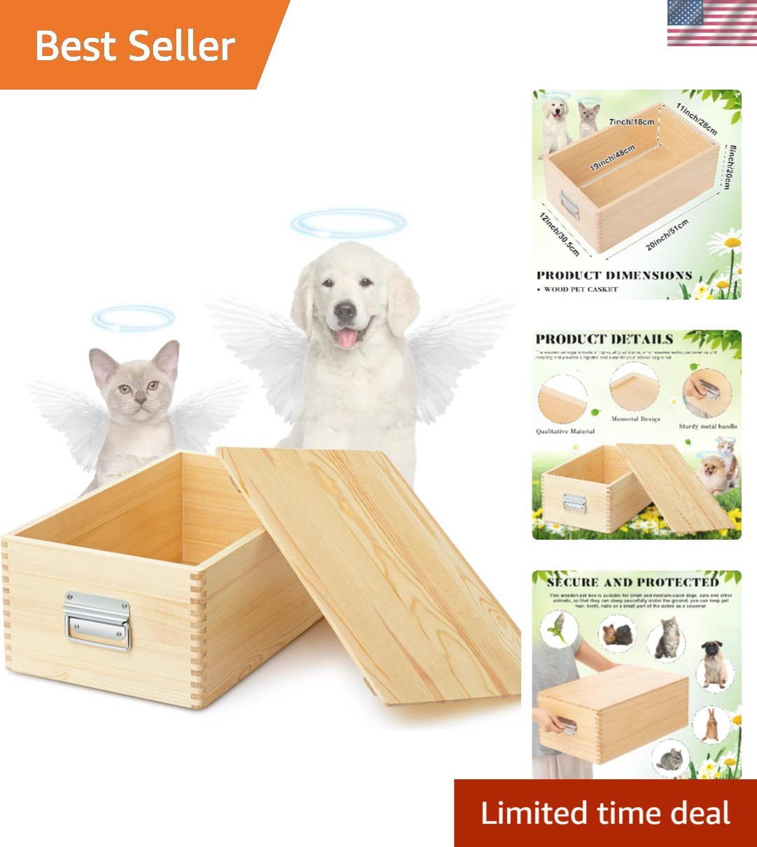 Pet Casket – 30″ Wooden Burial Box for Dogs and Cats, Strong and Safe Baltic Bir