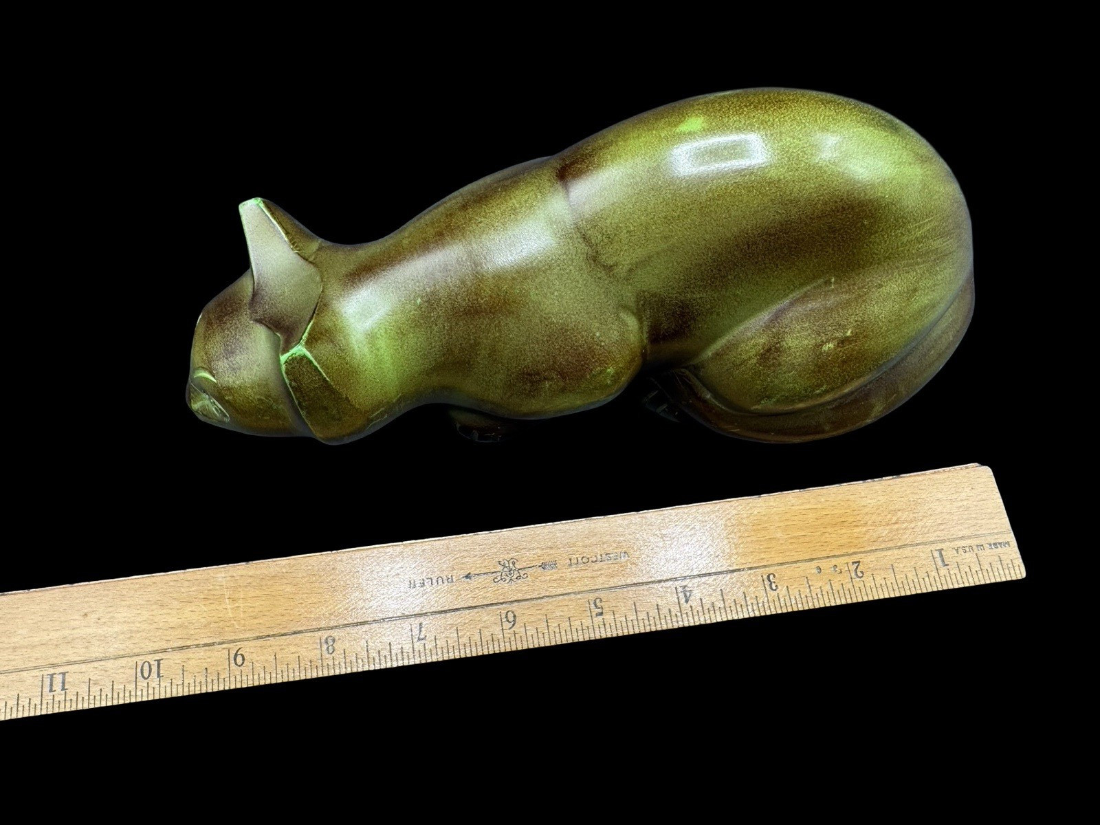 Vintage Cat Metal Urn Statue Display 9″ Green Yellow Patina