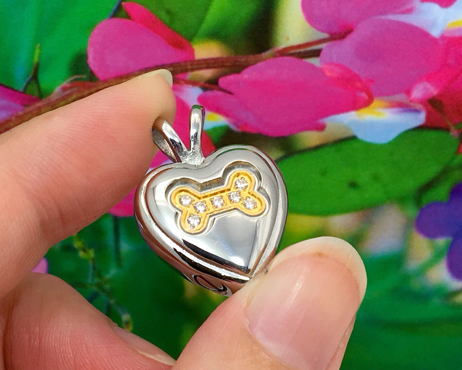 Dog Cremation Pendant Urn Keychain 1″ Key Ring Ash Golden Silver Crystal Bone