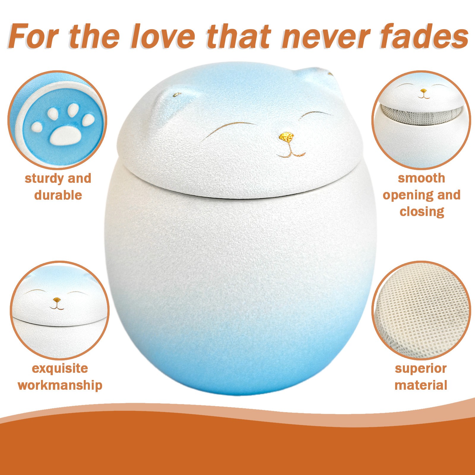 Smiley Cat Shaped Blue-White Gradient Pet Urn For Small Dog And Cat Ashes(M)
